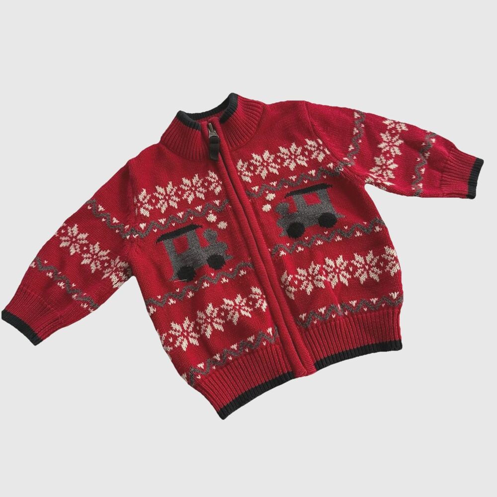 Y2K Oshkosh Sweater Full Zip Train Snowflake Winter Toddler Knit Sweater Sz 12M
